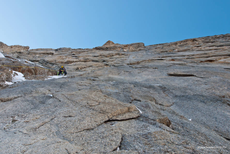Will on a very thin traversing pitch on day two