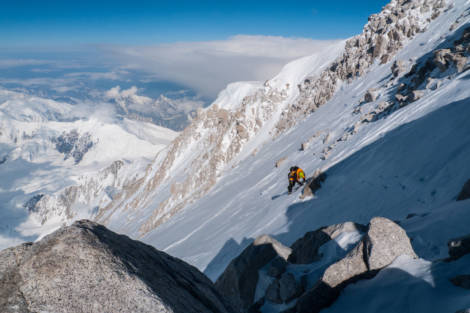 Myself feeling totally spent just below the top. The lip of the plateau in the distance is the football field. © Will Sim