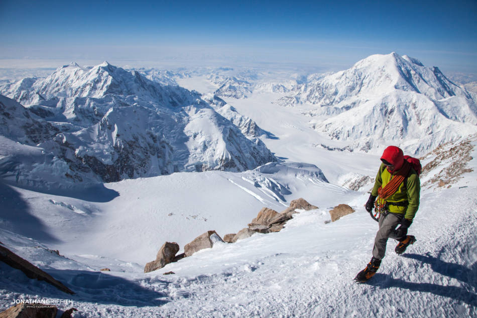 On the scenic ridge above 14 camp (which is below on the flat glacier). Hunter on LHS, Foraker on RHS