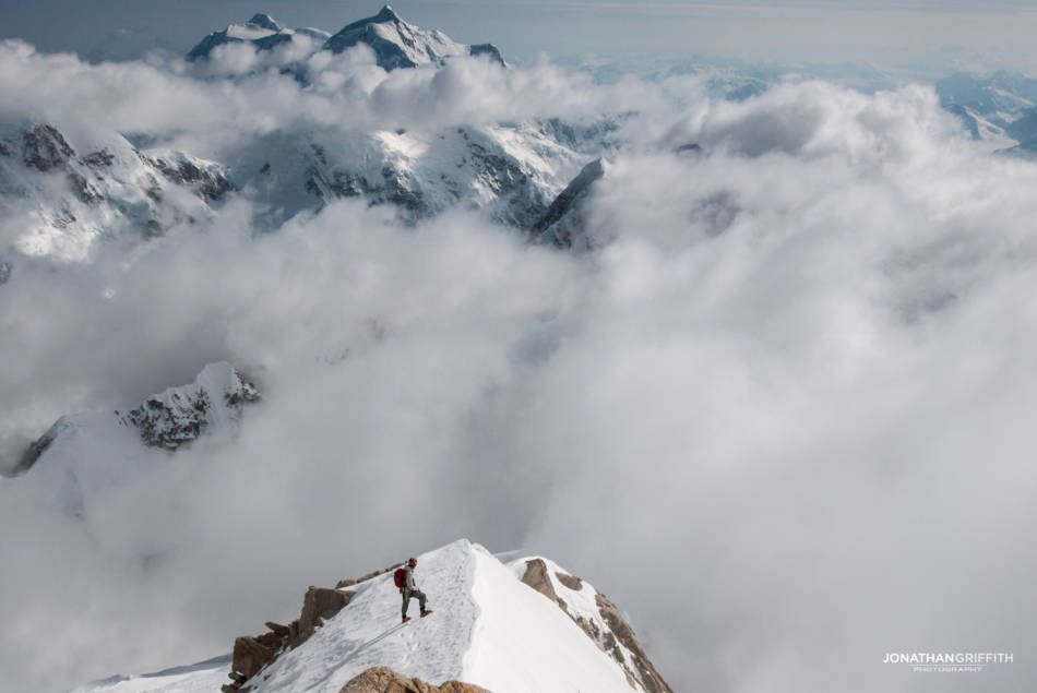 Will on the Seattle Ramp , Mt Hunter poking out of the clouds