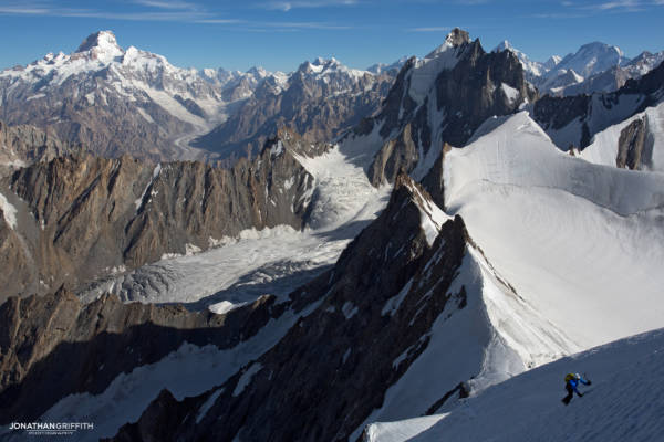Andy soloing high up on Drifika N Ridge. Views over Masherbrum, K2 and Broad peak