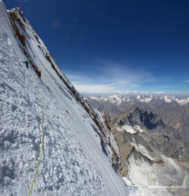 Stitched photo of Andy leading up the top of Drifika