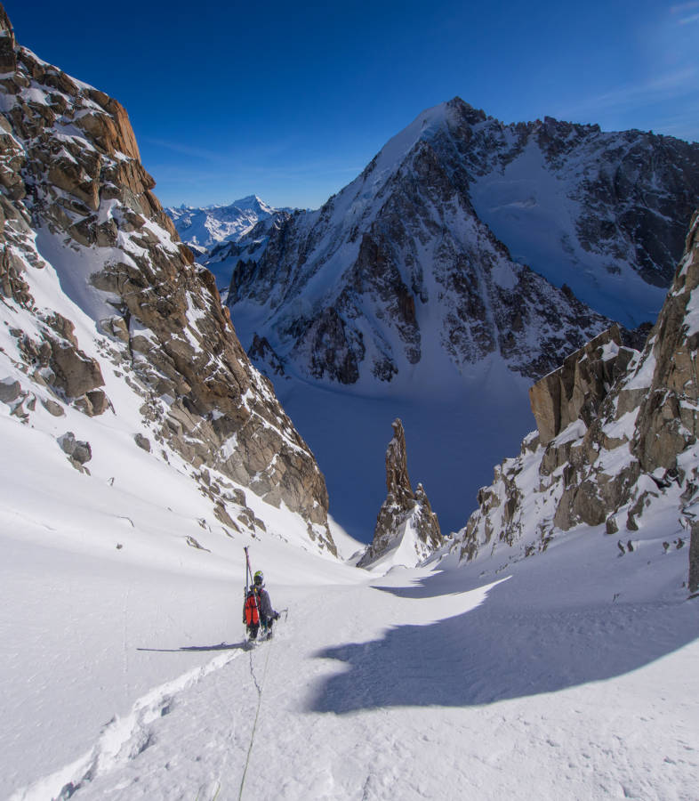 David descends to the Col d'Argentiere, the Aiguille d'Argentiere ahead of us