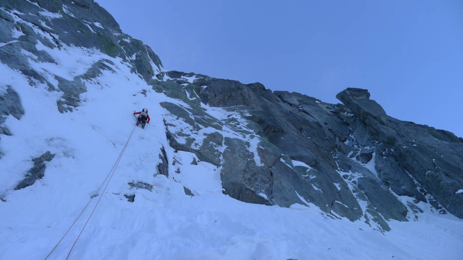 Myself on the first pitch of the route, © Ally Swinton