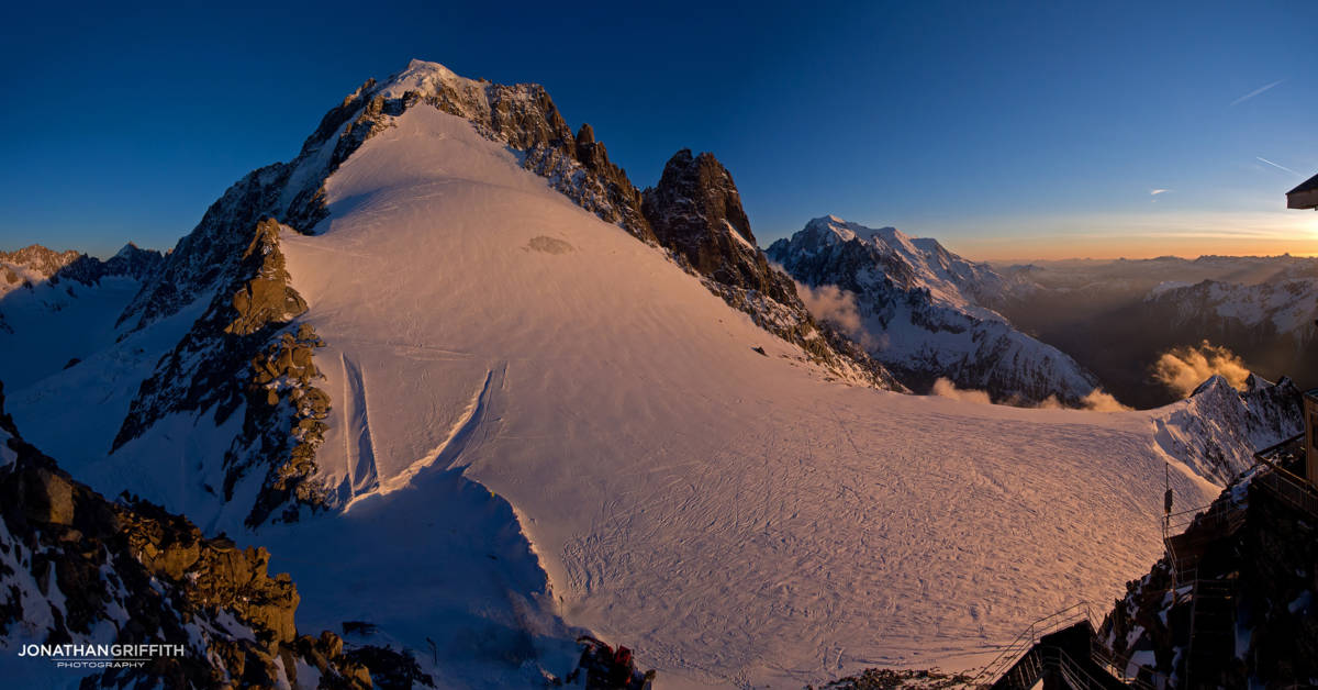 Sunset Panorama over the Aiguille Verte, Drus, and Mont Blanc