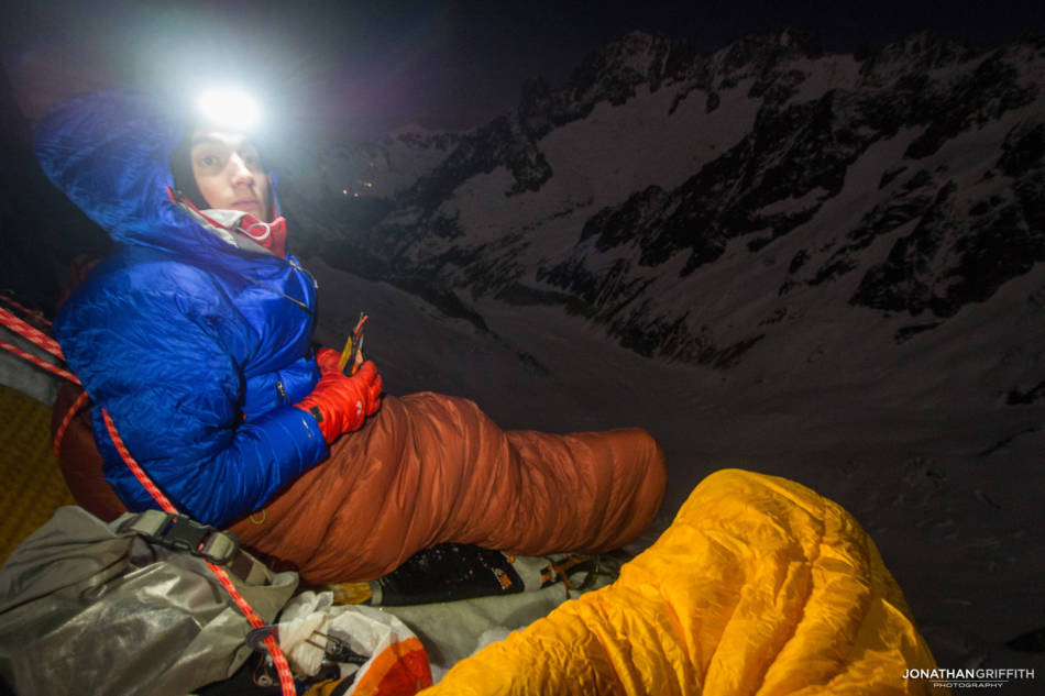 Ally and full moon at our first bivy on the face