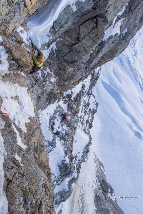 Robin Revest leads up the mixed pitch connecting the first and second snow fields