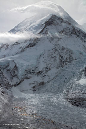 A moody Mt Everest and its huge Base Camp after a storm