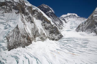 The Western Cwm from the air showing Everest and Lhotse and Camp 1