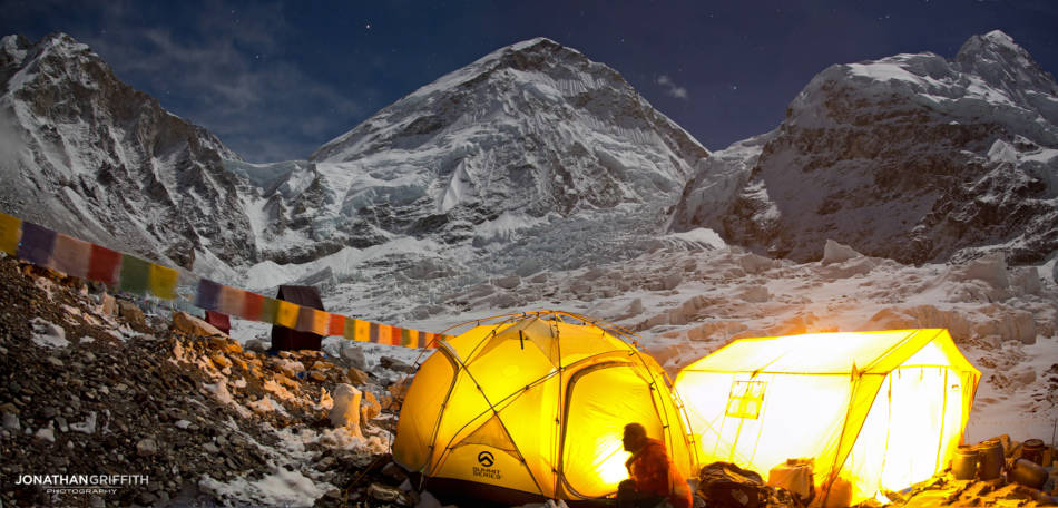 Everest Base Camp under a full moon