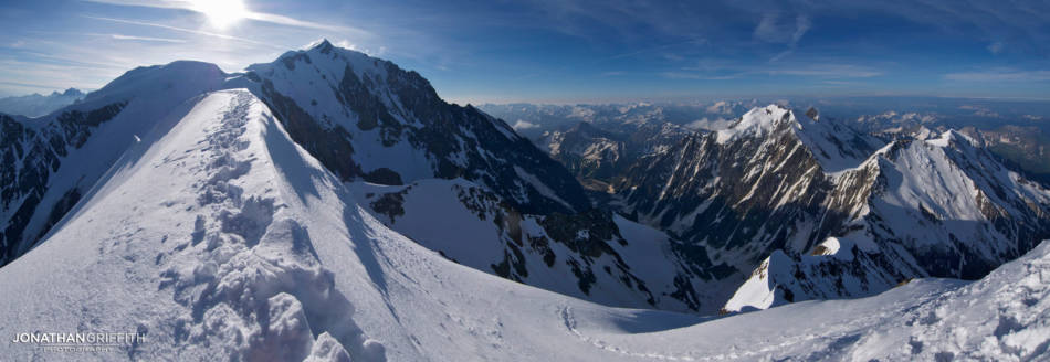 Pano from the summit of the Bionassay showing part of the route I came from on the right, and still to go to the summit of Mont Blanc on the left