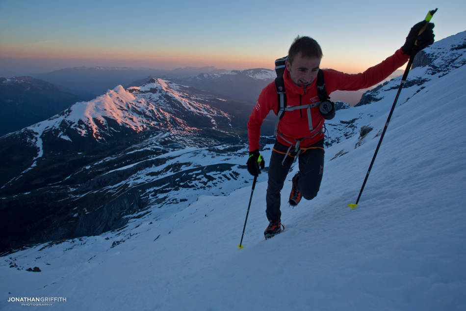 Ueli at daybreak already high up on the North Face