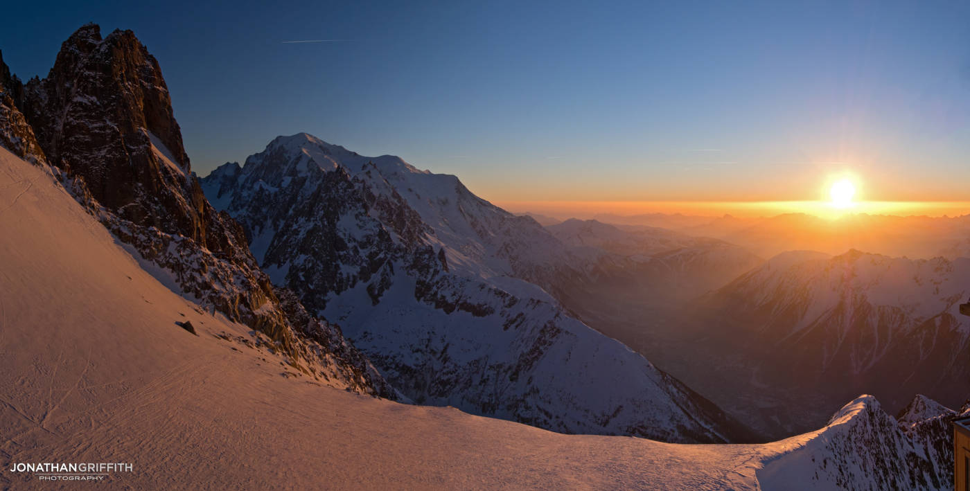 Sunset over the Mont Blanc and Dru from the Grand Montets