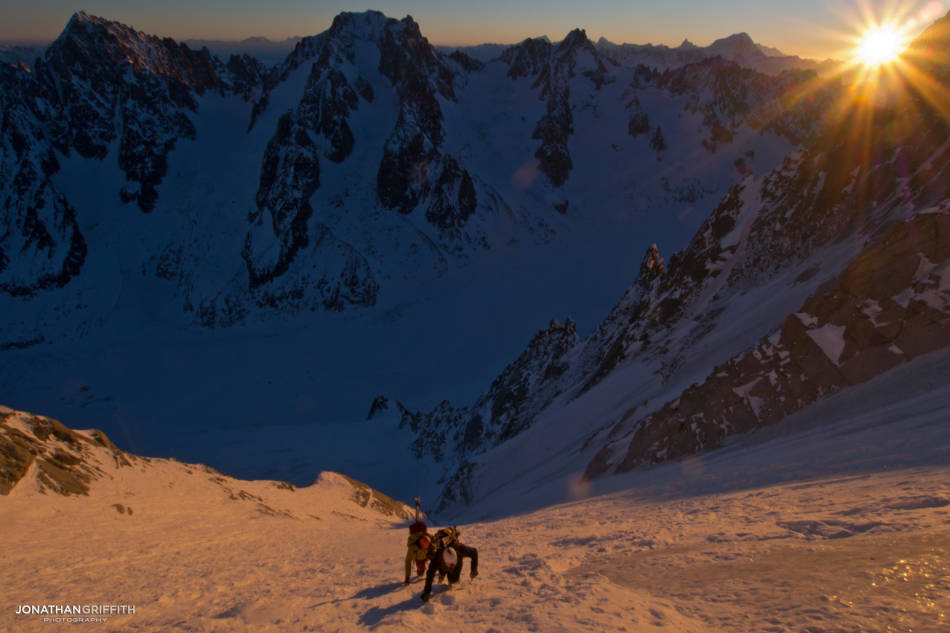 Two skiers on the Couturier at sunrise- had to keep stopping to take shots!