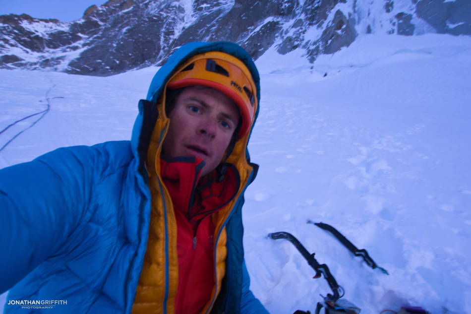 Back at the shrund and feeling the cold as the evening starts to settle in