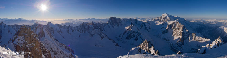The view from the summit of the Aiguille Verte over the Jorasses and Mont Blanc