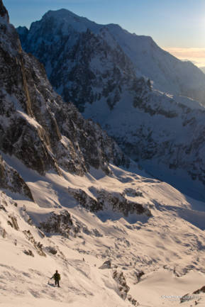 Heading in to the Sans Nom as the sun sets over Mont Blanc and the Drus