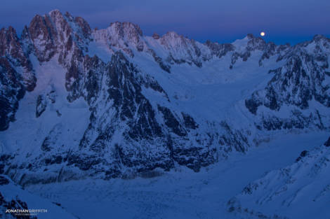 Dusk over the Verte, Courtes and Droites as the full moon rises