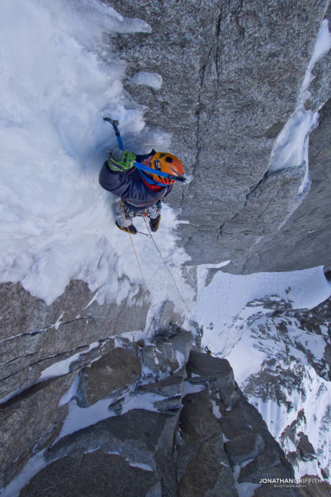 Greg on the second (crux) pitch of the Sorenson Eastman