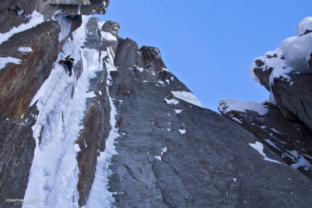Dan on the second (crux) pitch of the Sorenson Eastman