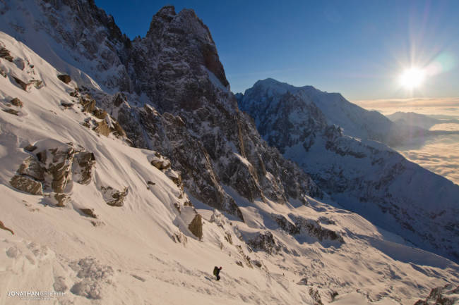 Heading in to the Sans Nom as the sun sets over Mont Blanc and the Drus