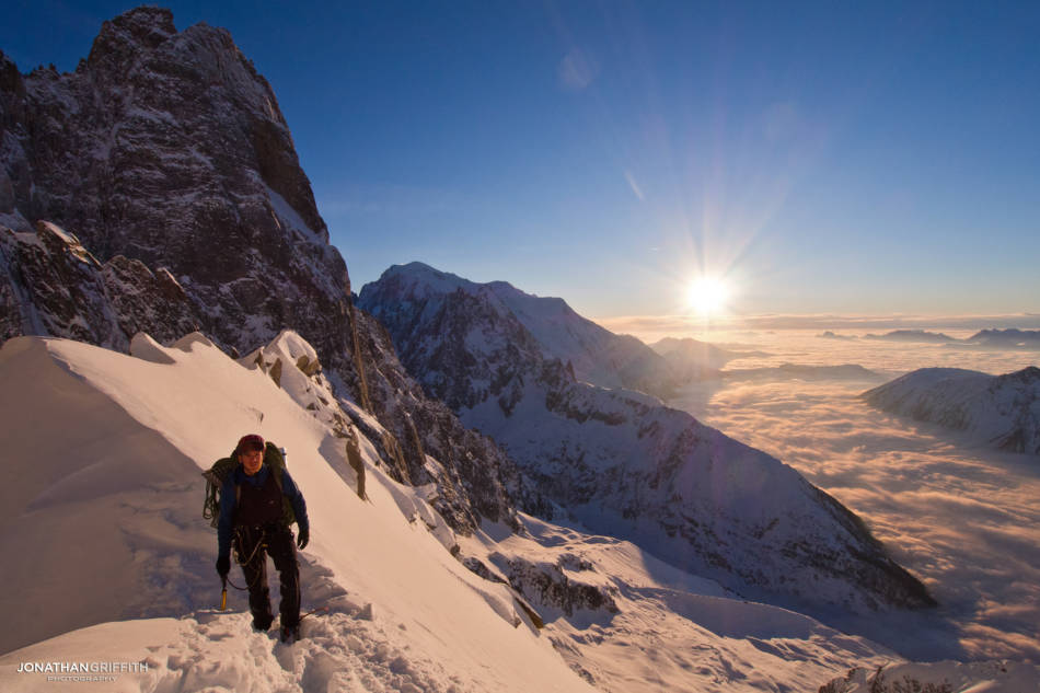 Heading in to the Sans Nom as the sun sets over Mont Blanc and the Drus