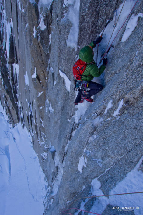 Adam seconding the First pitch on supercouloir Direct