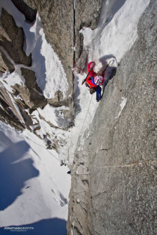 Steph negotiating the snow plug on the crux of the Supercouloir