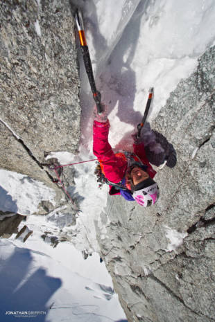 Steph negotiating the snow plug on the crux of the Supercouloir