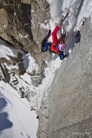 Steph negotiating the snow plug on the crux of the Supercouloir
