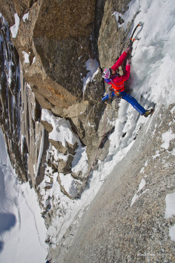 Steph on the M6 crux of the Supercouloir Direct
