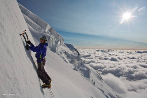 Tom on some serac ice on the N face of the Tacul at sunset