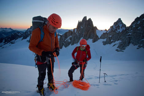 Jeff Mercier and Ally Swinton rope up beneath the Chardonnet