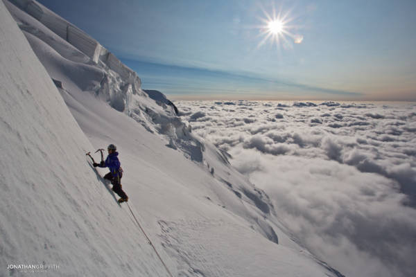 Tom on some serac ice on the N face of the Tacul at sunset