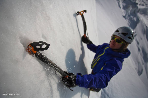 Tom on some serac ice on the N face of the Tacul at sunset