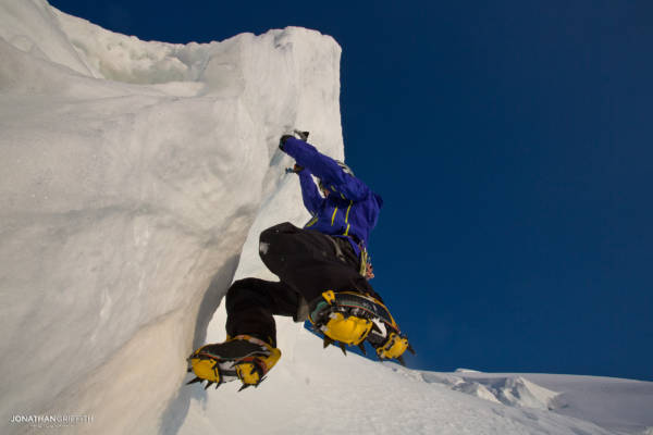 Tom on some serac ice on the N face of the Tacul at sunset
