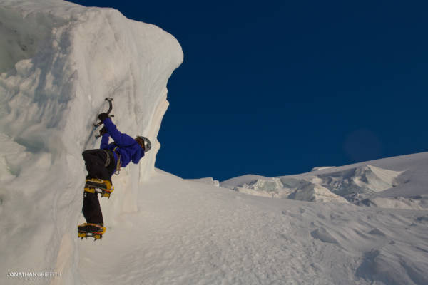 Tom on some serac ice on the N face of the Tacul at sunset