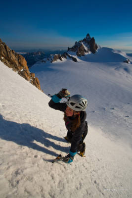 Kelly on Left Edge, Aiguille du Midi in the background