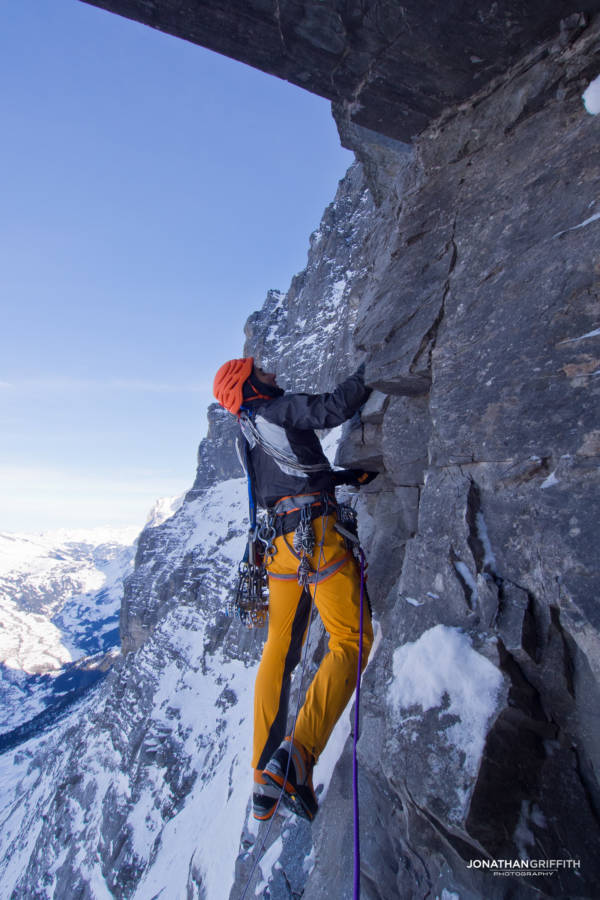 Ueli Steck questing up Metanoia on the North Face of the Eiger