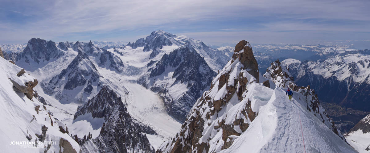 Ally on the Sans nom ridge with Mont Blanc in the background