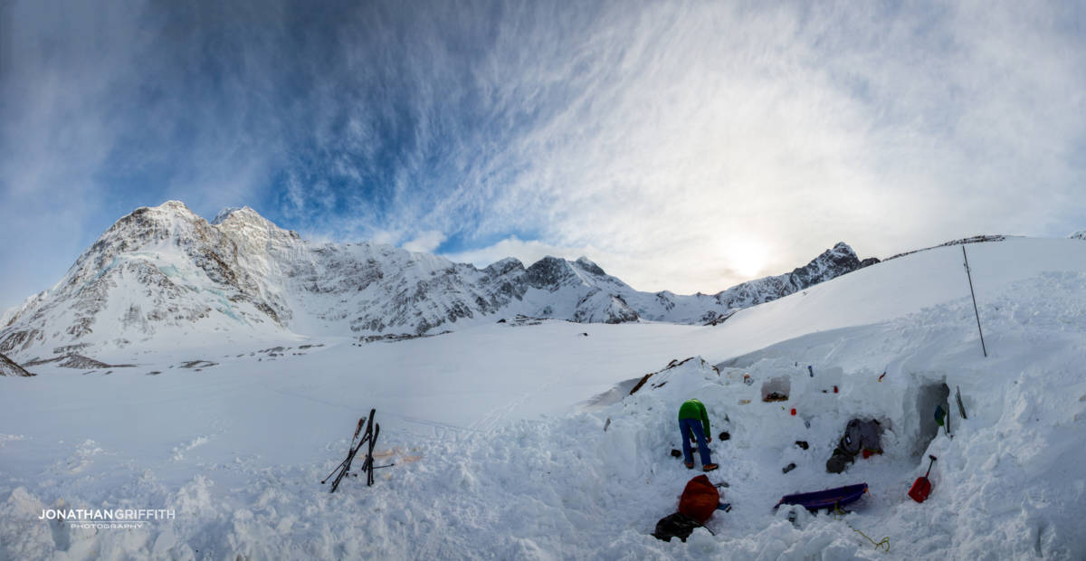 Our Snow Cave camp and Mt Deborah in the background
