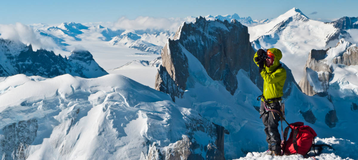 Shooting the Patagonian landscape on the summit of Cerro Standhart- I carried a full frame DSLR and two lenses on the whole climb. © Will Sim