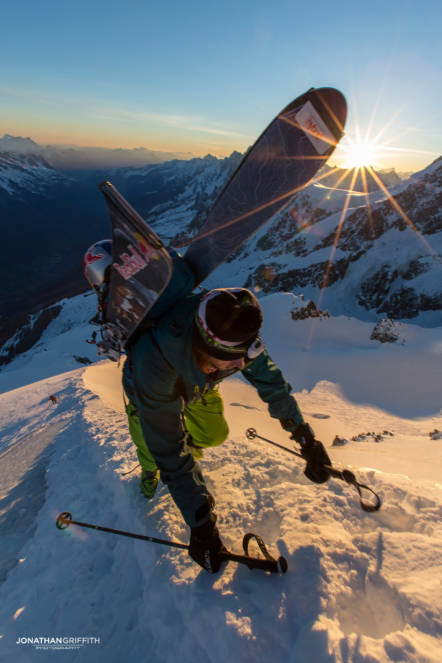 High up on the Royal Arete on Mont Blanc at sunrsise