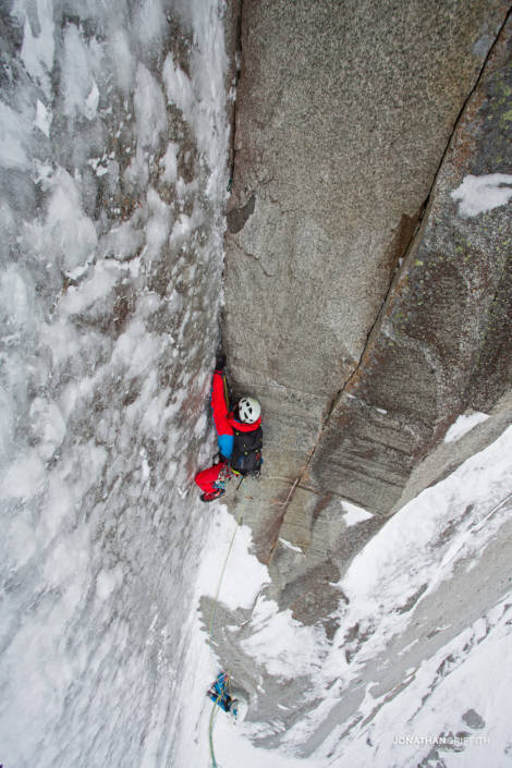 Seb gets stuck in to the crux corner pitch