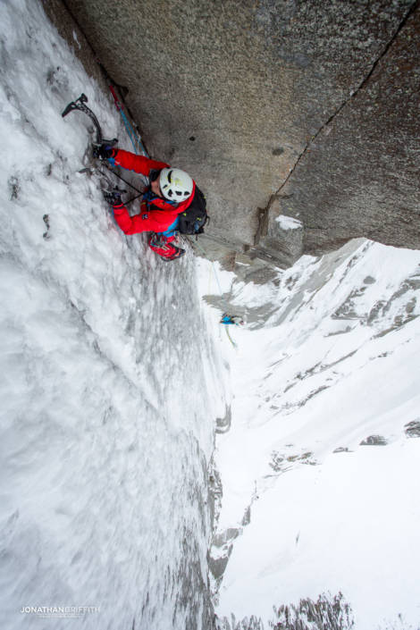 Seb gets stuck in to the crux corner pitch