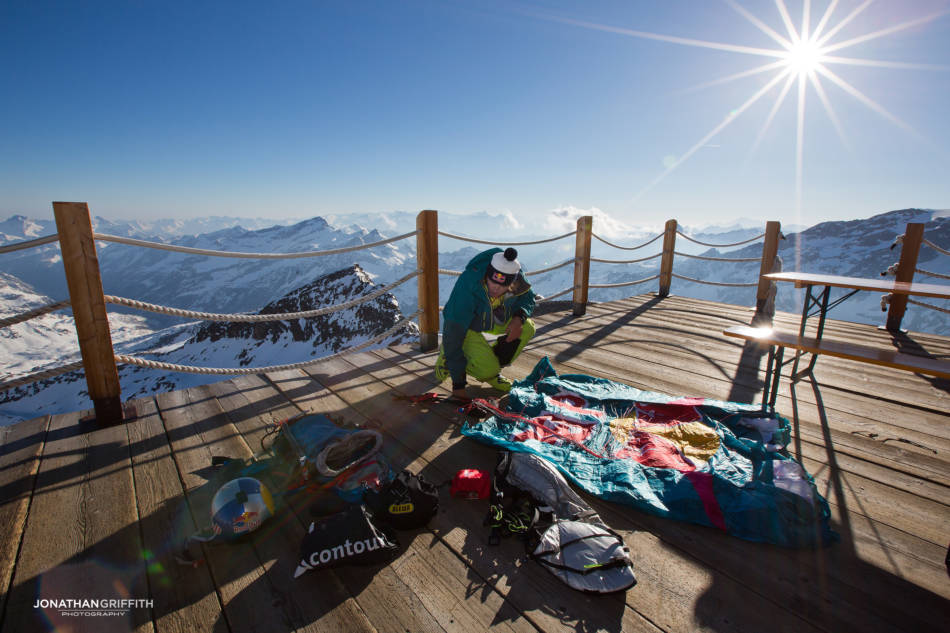 Aaron prepares his kit in the hut on the Monte Rosa