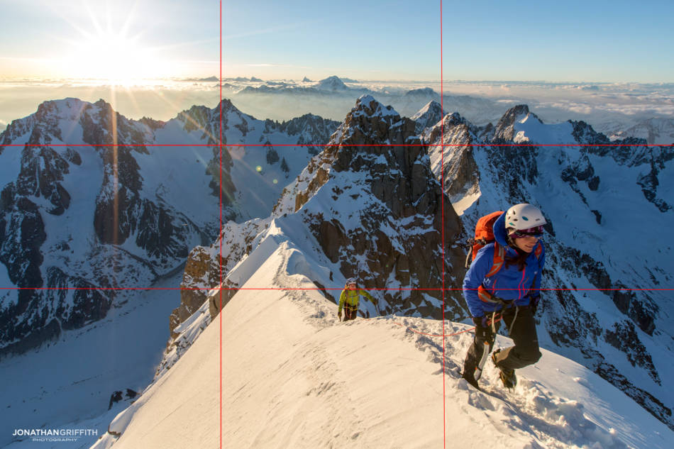 The Rule of Nine often helps to keep lines of interest in your image- try and balance the opposite part of the image with something interesting as well. In this case I've got the sun in the top left and I then want to keep the climber in the bottom right