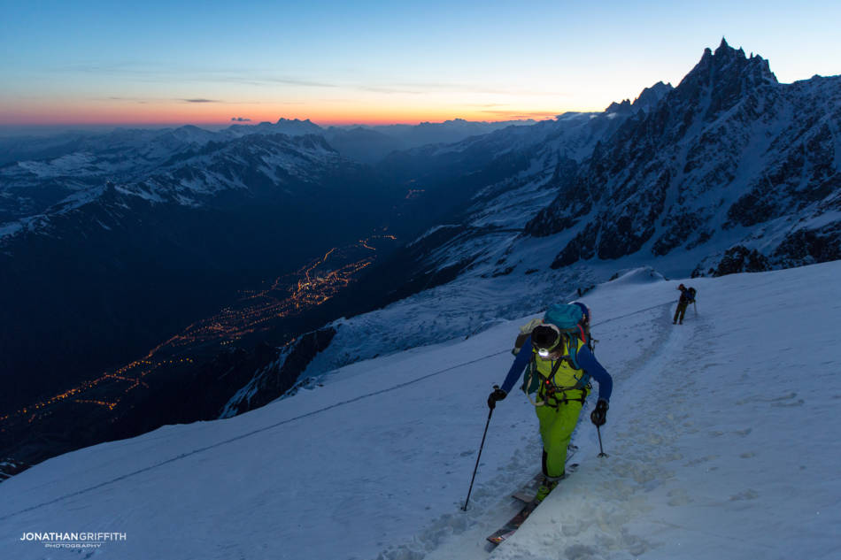 Leaving the Grands Mulets hut at dawn on Mont Blanc