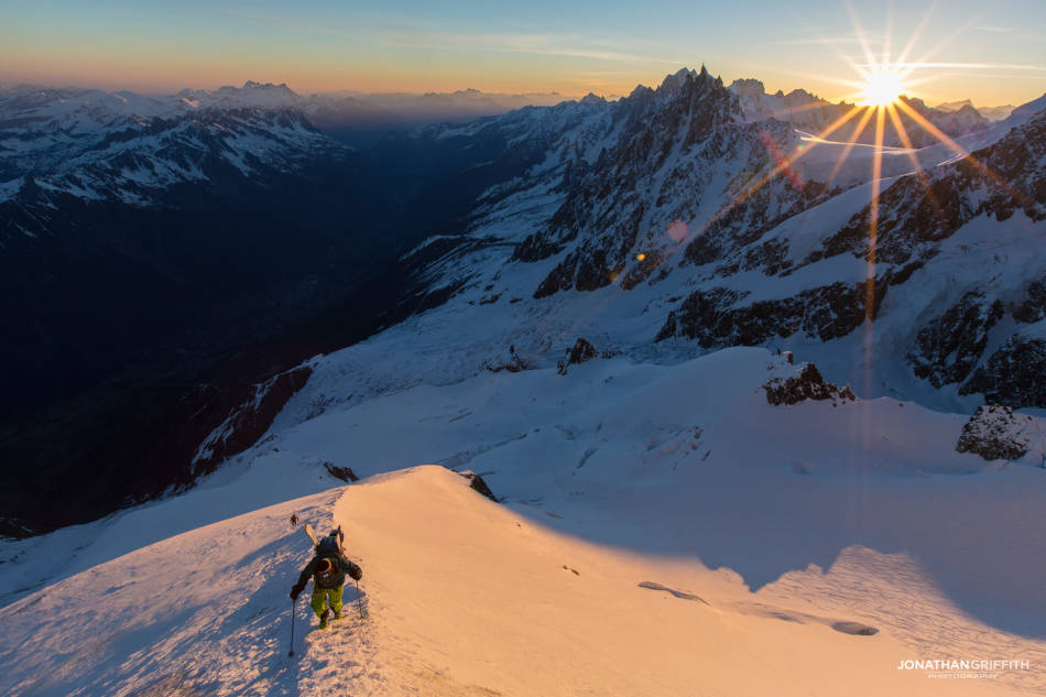 High up on the Royal Arete on Mont Blanc at sunrsise