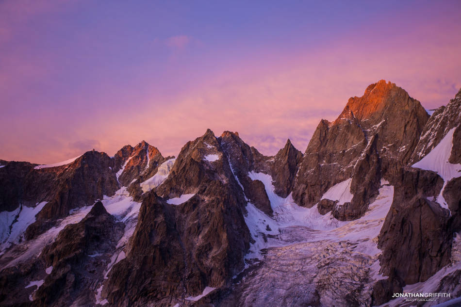 Magical sunset over the Petit Jorasses